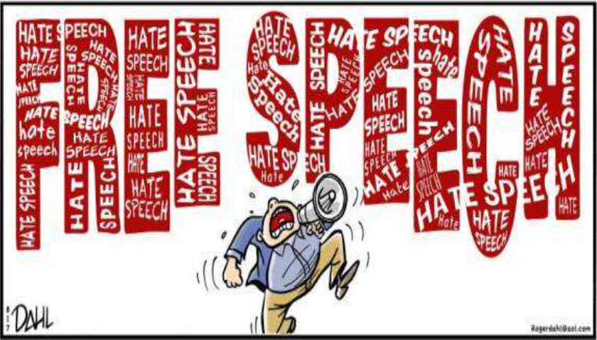 Cartoon: große rote Worte 'HATE SPEECH' gefüllt mit kleinen Wörtern und eine Person schreit in ein Megafon